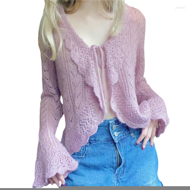 

Women' Knits Xingqing Fairycore Grunge Sweater 2000s Aesthetic Women Ruffle Trim Lace Up Irregular Hem Knitted Cardigan Tops Y2k Streetwear, As photo shows