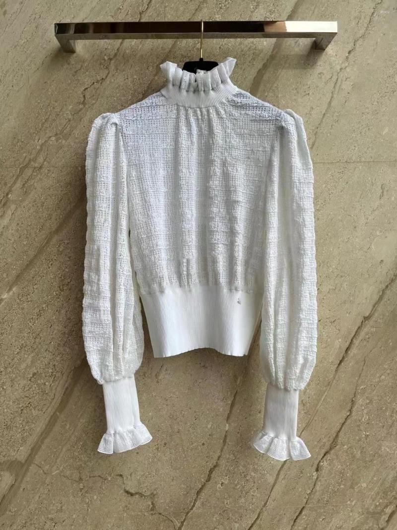 

Women' Sweaters Ruffled Lantern Sleeve Hollow Thin Sweater High Collar Top, Black