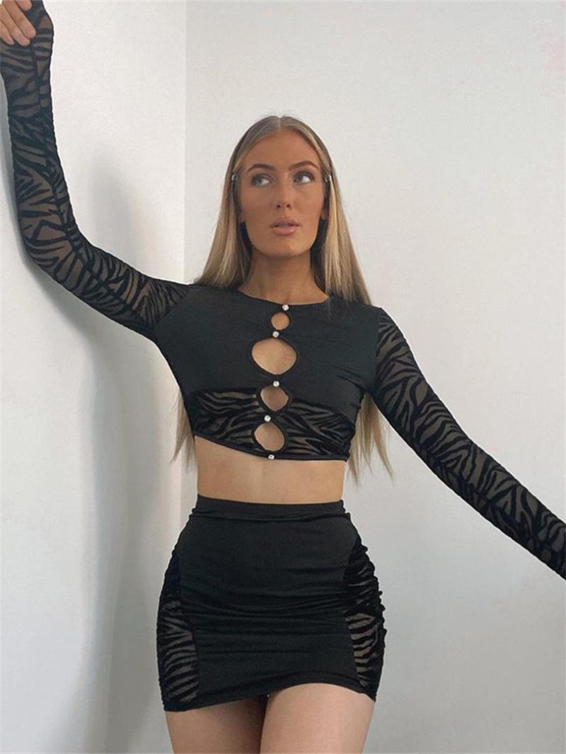 

Work Dresses Wsevypo Mesh Patchwork Two-Piece Skirt Suits Women Summer Matching Sets Long Sleeve Hollow Cut Out Crop Tops Bodycon Skirts, Black