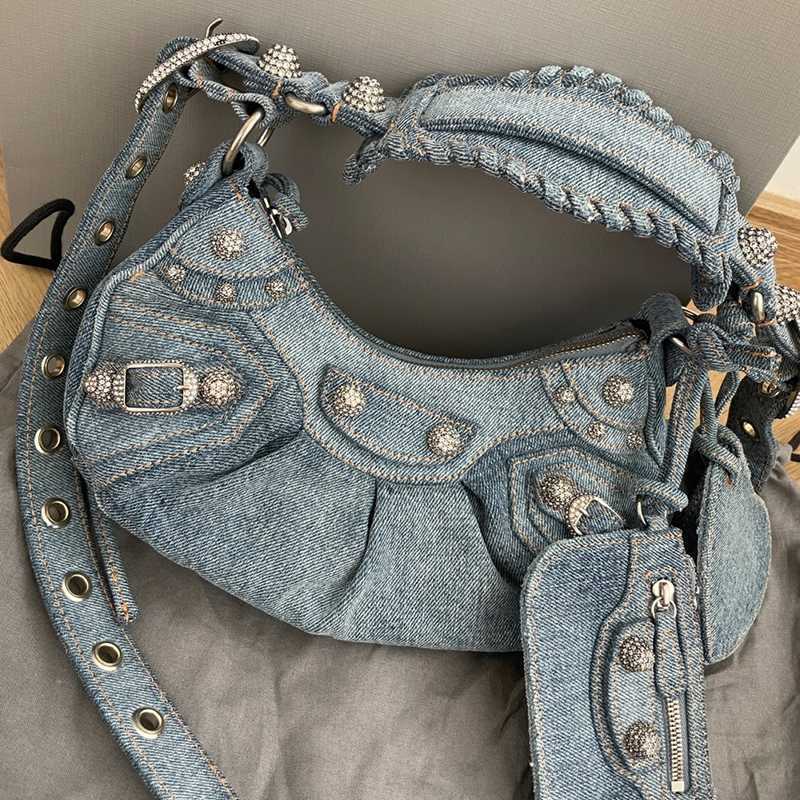 

Designer Bags Balenciga Handbag Product Denim Motorcycle with Drill High-grade Crescent Cross Body Women's Rivet Tassel Three in One Underarm, Black small - with box