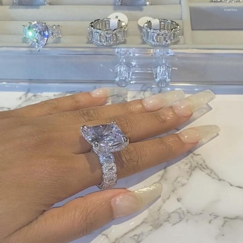 

Wedding Rings US Size 6 7 8 Big CZ Luxury Ring For Women Silver Color Baguette 5A Cubic Zirconia Iced Out Bling Engagement