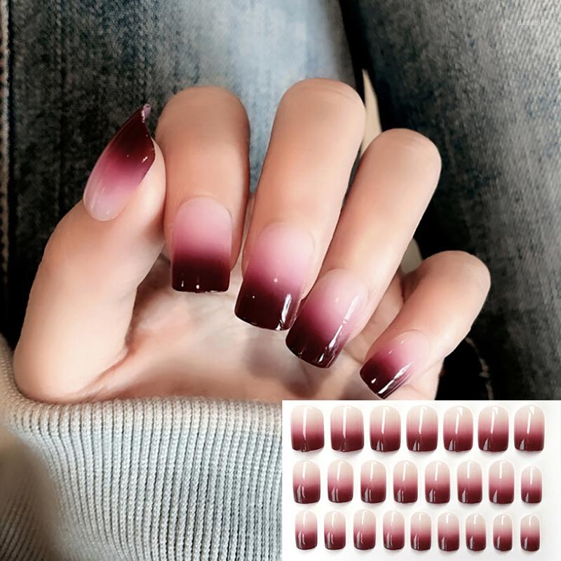 

False Nails 24Pcs/set Super Nice Acrylic Fake Gradient Short Paragraph Full Cover French Art Tips, Picture shown