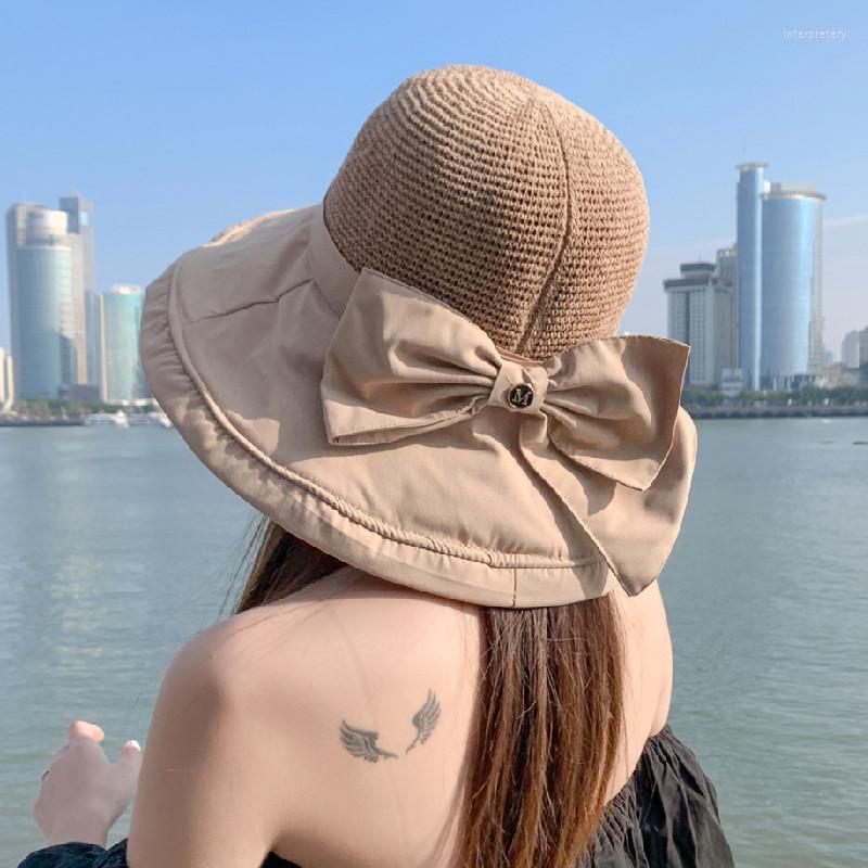 

Wide Brim Hats Summer For Women Bow-knot Sun Vacation Gorros Straw Hat Fedora Panama Beach Foldable Chapeau, Black