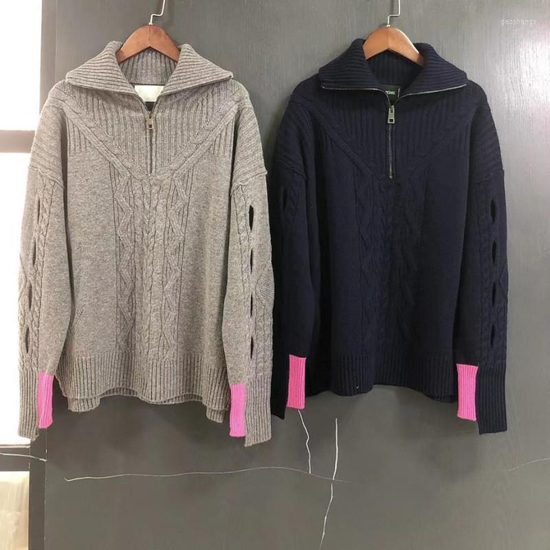 

Women' Sweaters Women' Cashmere Sweater Pullover Zipper Turn-Down Collar Patchwork Casual Long Sleeve Autumn Winter Hollow Out Jumper, Gray
