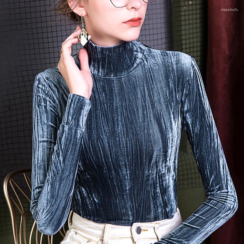 

Women' T Shirts Autumn Winter Women Long Sleeve High Collar Solid Color Velvet T-shirts Slim Fit Bottoming Shirt Pleat Tie Dyed Tight Sexy, Black