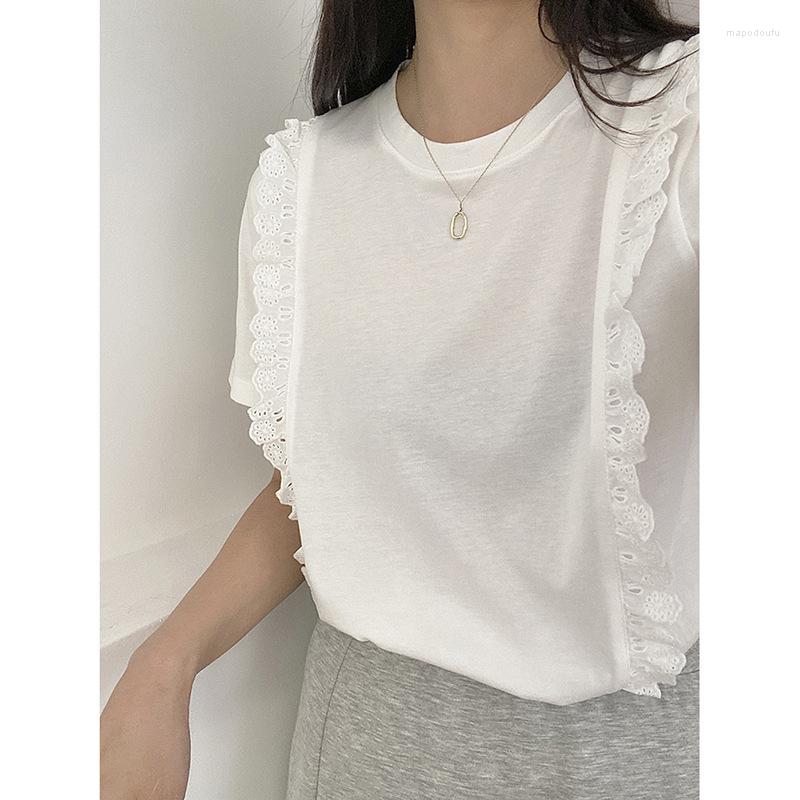 

Women's T Shirts 2022 Summer Sweet Age-reducing Design Feeling Slimming Embroidery Lace Round Neck Short-sleeved T-shirt Women, White