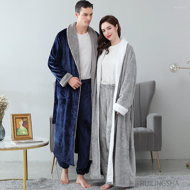 

Women's Sleepwear Women Winter Extra Long Warm Flannel Sleep Tops Bathrobe Pant Plus Size Coral Fleece Pajamas Set Men Robe Gown Sets, Men robe grey 4