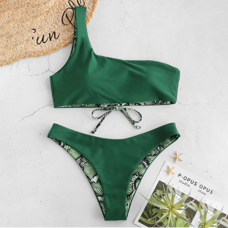 

Bikinis Set Artificial Snake Skin Printed Women Tankini One Shoulder Lace-up Thick Bikini Swimwear Lady Padded Bra Beach Suit Swimsuit