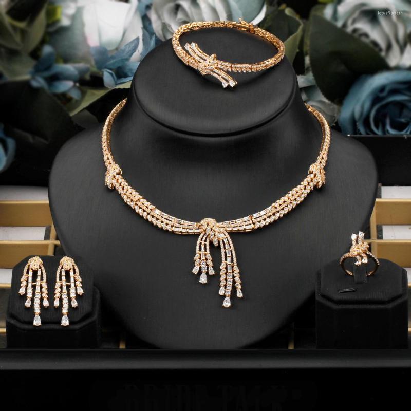 

Necklace Earrings Set Bride Talk Twisted Line Multicolour Cubic Zircon 4PCS Big Luxury Sets Suitable For Women Wedding & Engagement, Picture shown