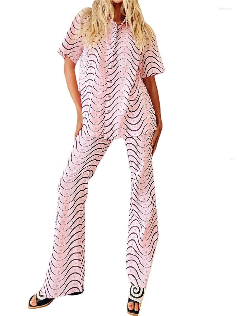 

Women' T Shirts Women Y2K 2 Pcs Pants Set Oversize Print Button Down Short Sleeve High Waist Wide Leg Streetwear, Brown 1