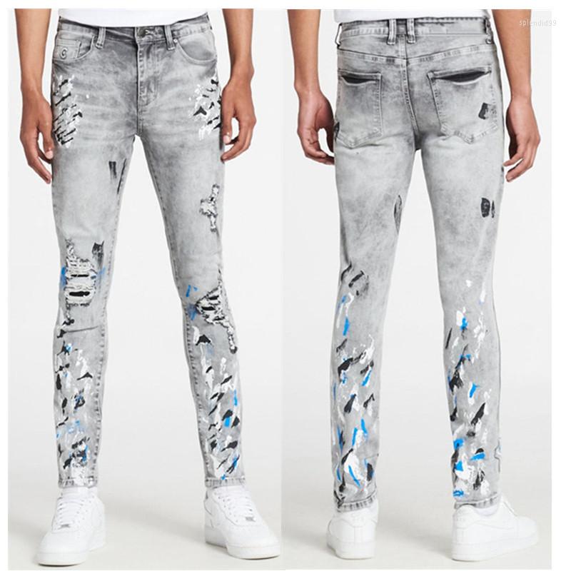 

Men's Jeans Trend Streetwear Mens Hip-hop Ripped Tight Fashion Splash-ink Casual Male Trousers Full Length Denim Pants, 7002