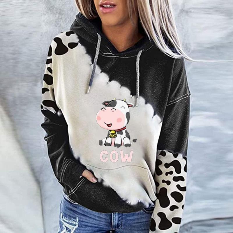 

Women' Hoodies Fashion Cute Cow Printed For Women Girls Casual Long Sleeve Sweatshirts With Pockets Pullovers Pull Femme, Black