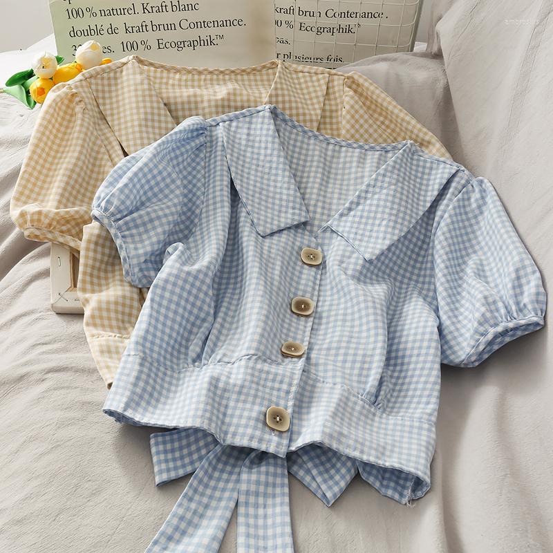 

Women's Blouses Plaid Short Back Bow Puff Sleeve Top Women's 2022 Summer Single-Breasted Slimming Casual Shirt With Sleeves, Green