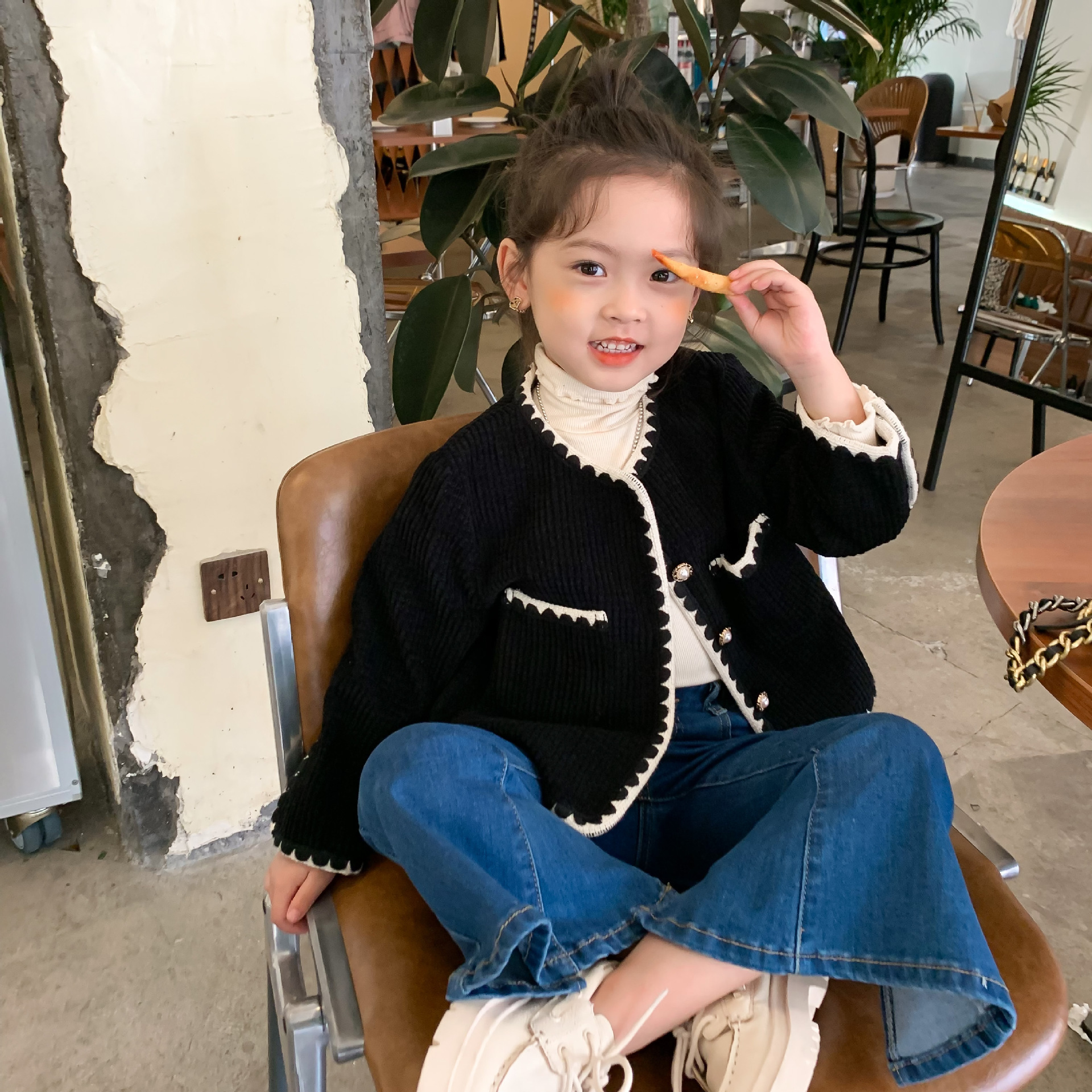 

Jackets Autumn Girls Long Sleeve Coat Kids Coats Cat Cartoon Print Denim Outerwear Children Costume 221010, Black