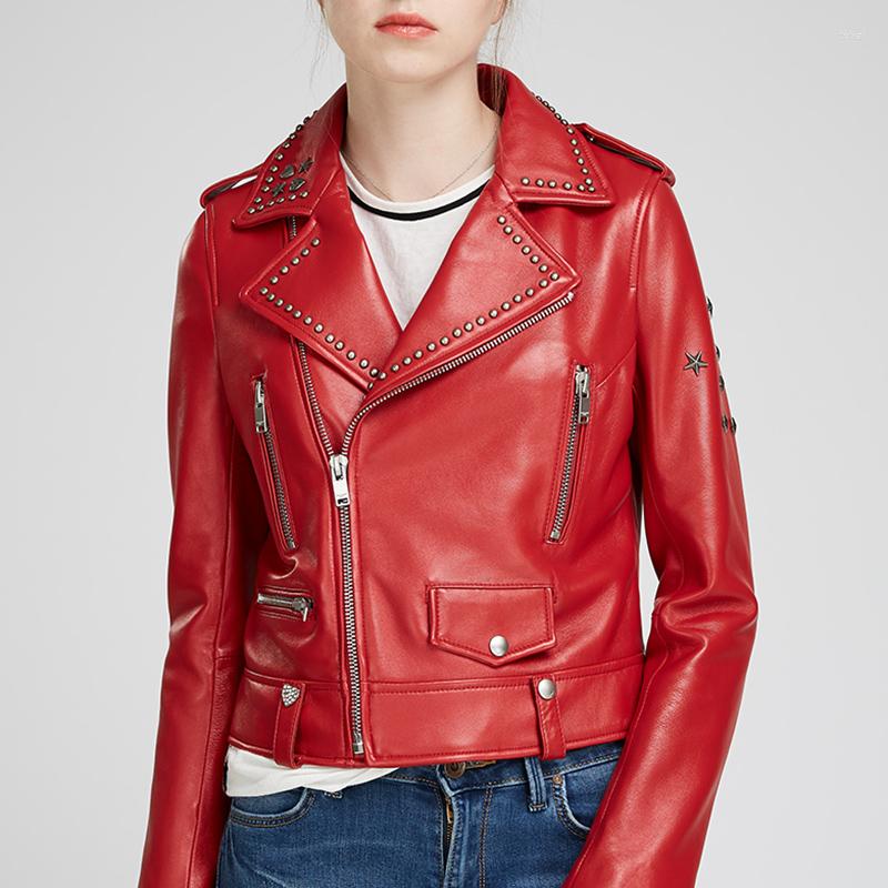 

Women's Leather Women's Natural Jacket Casual Genuine Sheepskin Coats Red Color Spring Outwear Female