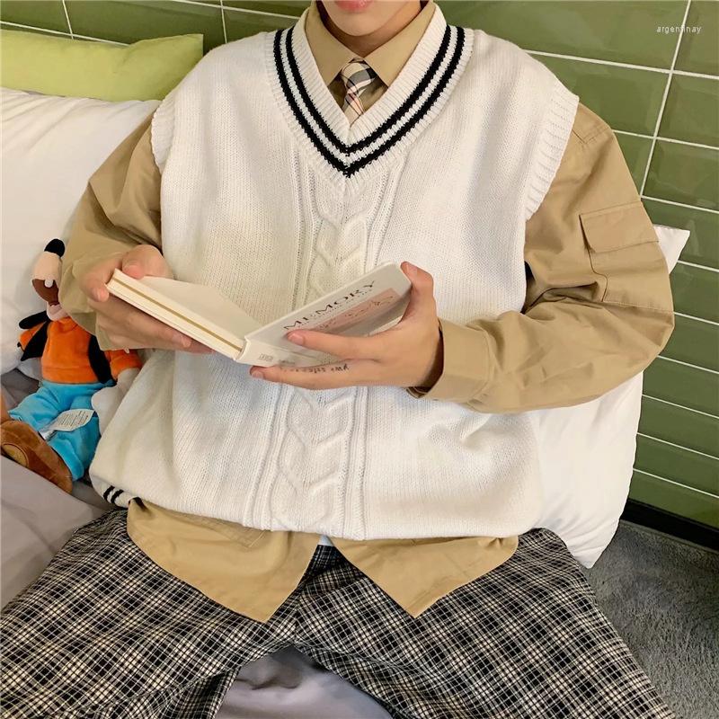 

Men's Sweaters Harajuku Twist Knitted Vest Sweater Men Women Vintage Sleeveless Wool V Neck Tops Spring Autumn College Female Waistcoat, White