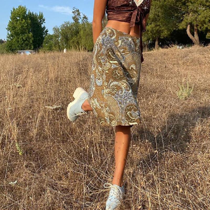 

Skirts Vintage Floral Printed Midi Female Summer Elegant Wild Low Waist Vacation Beach Casual All Matching, Khaki