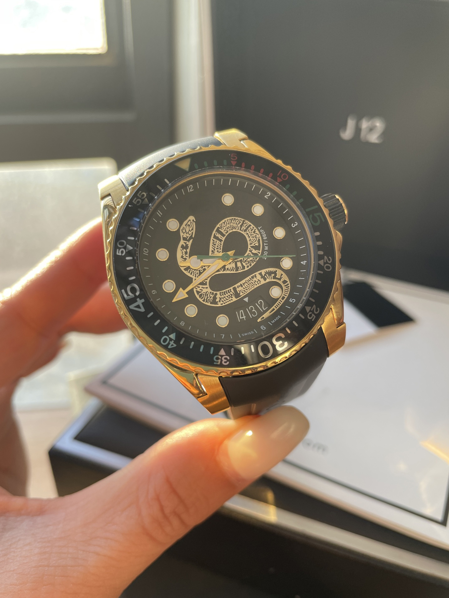 

Snake Waterproof Watch Gold Black 40 mm Diameter Luminous Stainless Steel Rubber Band Diving Swiss Quartz Movement, Luxury watch