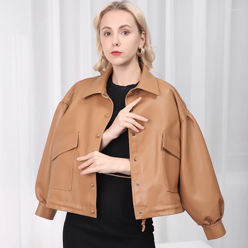 

Women' Leather 2022 Spring Autumn Women Fashion Plus Pu Soft Zipper Jackets Thick Plush Linning Loose Moto Bikers Punk Female Coat, Beige