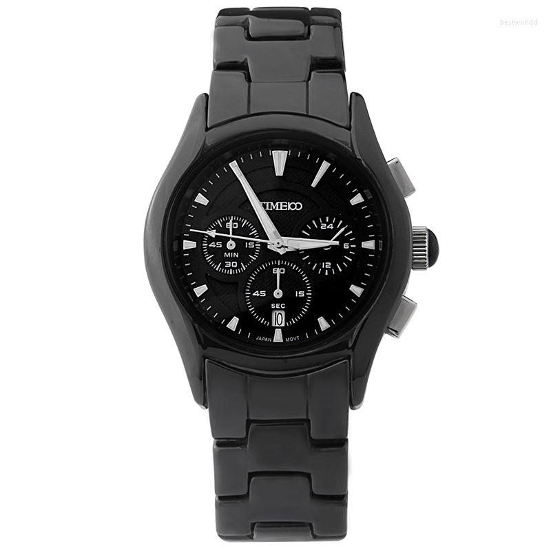 

Wristwatches Time100 Fashion Men's Three Subdial Auto Date Black Ceramic Strap Quartz Business Casual Wrist Watches For Men Clock