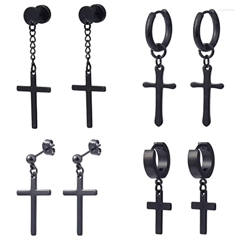 

Dangle Earrings 4 Pairs Of Stainless Steel Ear Studs Set With Hanging Cross Punk Style Suitable For Men And Women Black Color