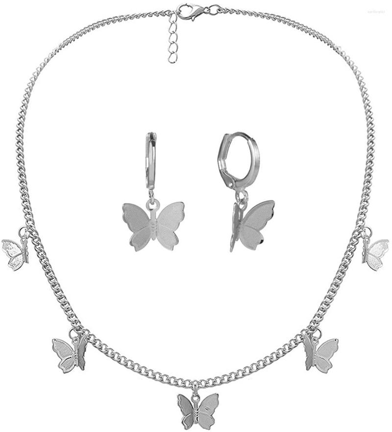 

Necklace Earrings Set Butterfly Adjustable Chain Charm Hoop Jewelry For Women Girls, Picture shown