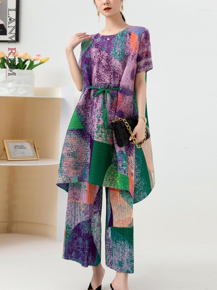 

Women's Two Piece Pants LANMREM Pleated Print Fashion Set Female 2022 Summer Long Loose Drawstring Top Wide-leg Sets Clothes 2R4598, Green