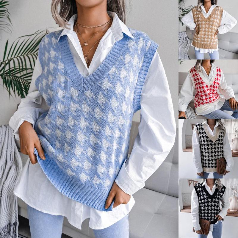 

Women' Vests Autumn Winter V-neck Thousand Bird Lattice Casual Loose Knit Sweater Women' Wear Long Sleeve Argyle Check Sweaters, Black