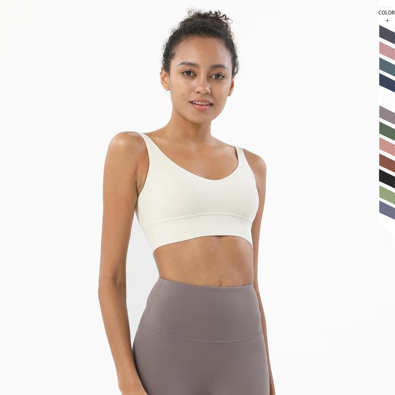 

Yoga Outfit Sexy Women Bras Nude Feeling Top Tight Sports Bra Fitness Women's Underwear Chest Pad Removable Anti-shake Crop Tops, Khaki