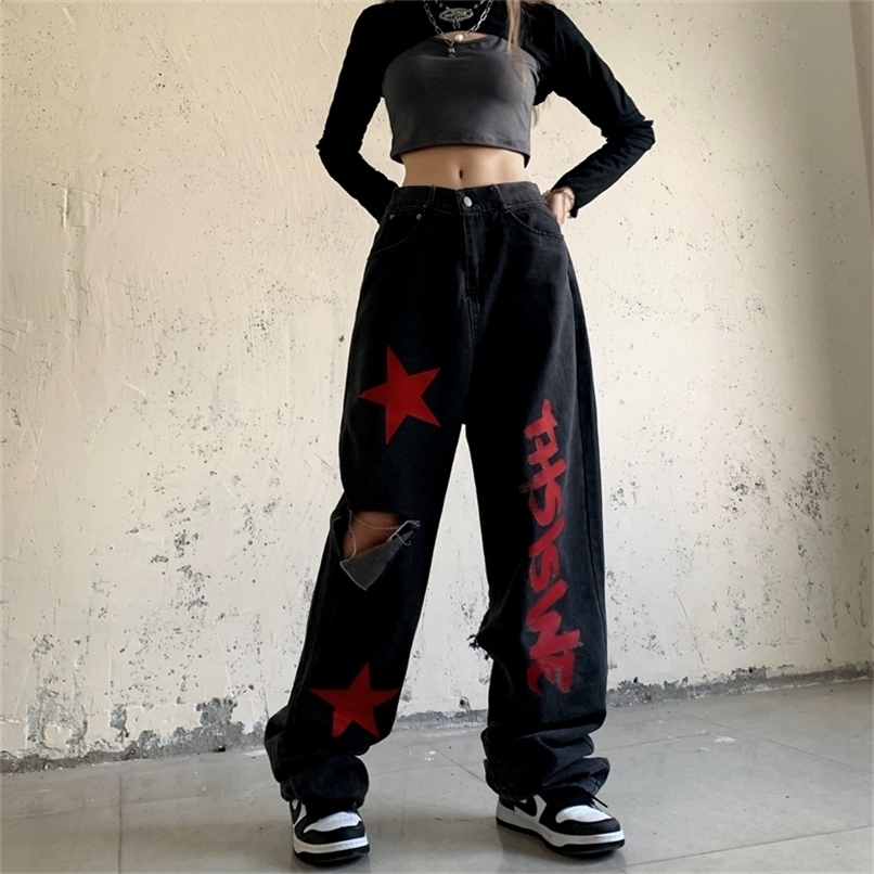 

Women's Jeans y2k Women RippedDenim PantsHigh Waist Vintage Streetwear Pentagram Straight Baggy Trouser Fashion Casual Autumn Wide Leg 221010