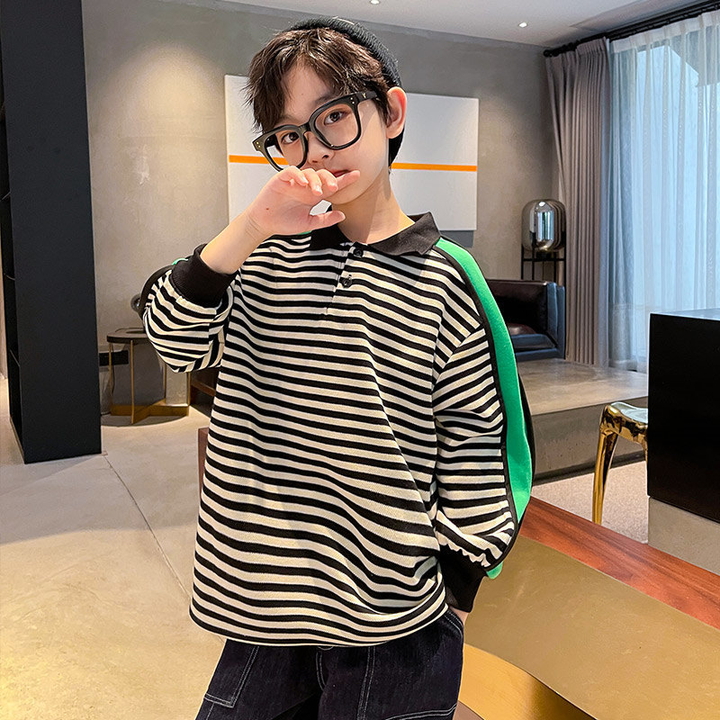 

Pullover Boys Sweatshirts Spring Autumn Children Polo Shirts Long Sleeves Striped Print Kids T Shirt Outfit Casual Clothes 5 14Yrs 221010, Black