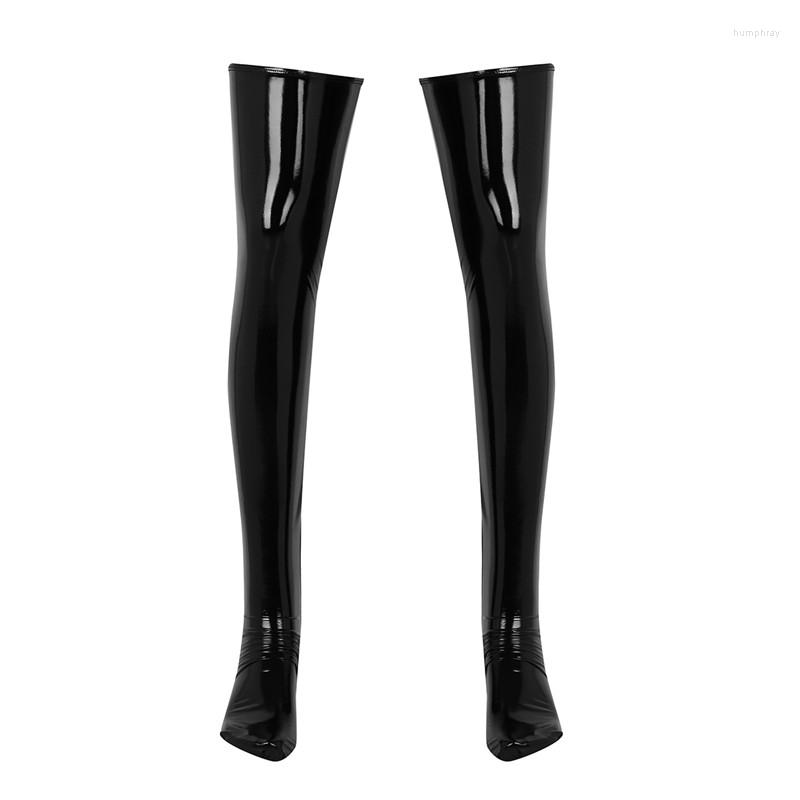 

Men's Socks 1 Pair Mens Stockings Wetlook Patent Leather Thigh High Footed Anti-skid Soft Elasticity Clubwear Costume Cosplay, Black