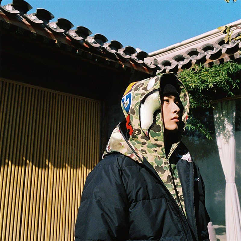 

Shark down jacket mens winter Down coat designer hoodie embroidered loose casual zipper windbreaker men women hip-hop hooded jackets, Black