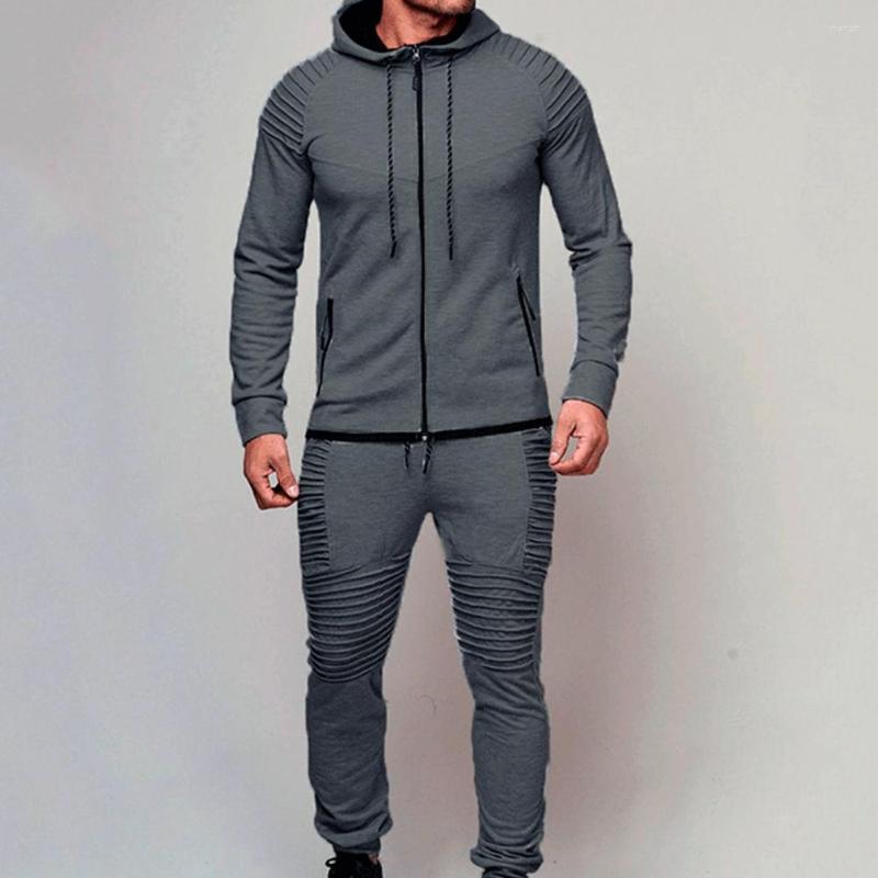 

Running Sets 2 Pcs/Set Men Tracksuit Solid Color Hoodie Suit Elastic Hem Hooded Pants Pleated Simple Spring For Daily Wear, Black