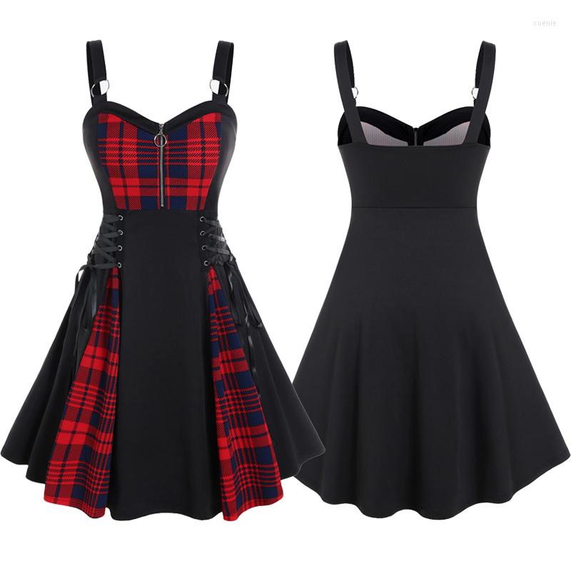 

Casual Dresses Gothic Lace Up Plaid Half Zipper Sleeveless Knee Length A Line Fit And Flare Punk Dress For Women L-5XL Vestidos, Green