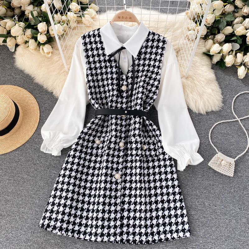 

Work Dresses Autumn Ladies Style Temperament Two-piece Suit Bowknot Collar Long Sleeve Bottoming Shirt Tweed Plaid Suspender Dress, White