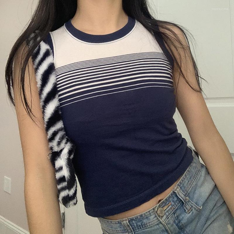 

Women' Tanks Y2K Stripe Packwork Mini Tank Top O Neck Cute Women Harajuku Streetwear Summer Skinny T-shirt Korean Retro Short 90S, Blue