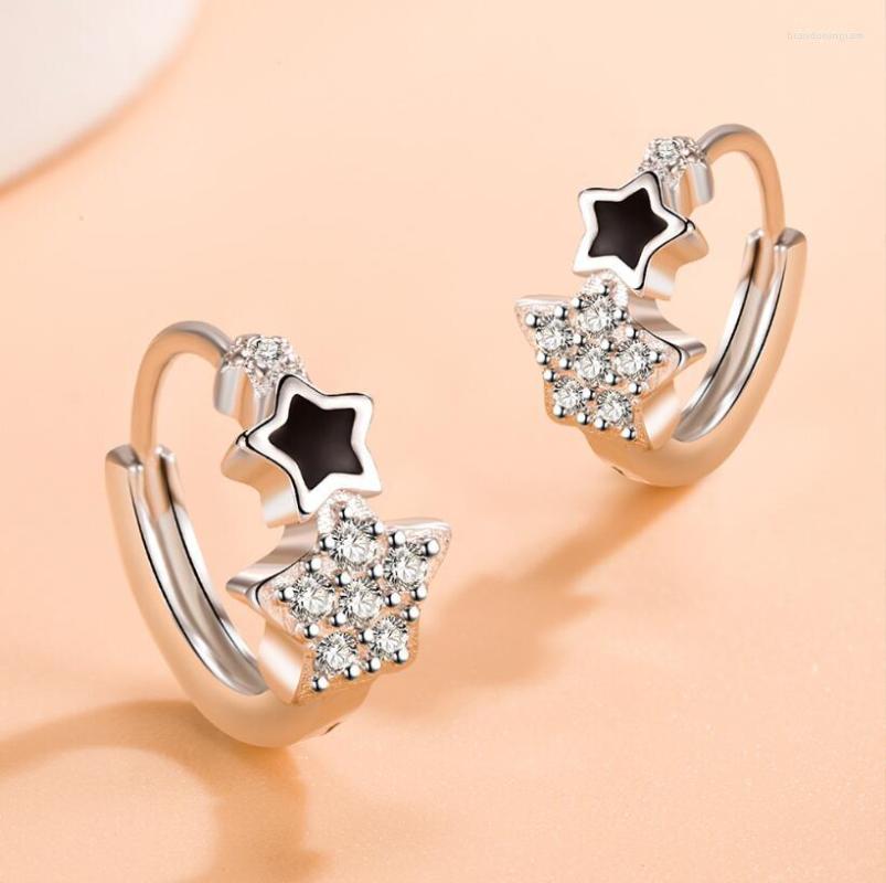

Hoop Earrings S925 Stamp Silver Woman Fine Jewelry High Quality Crystal Zircon Simple Epoxy Black Five-pointed Star