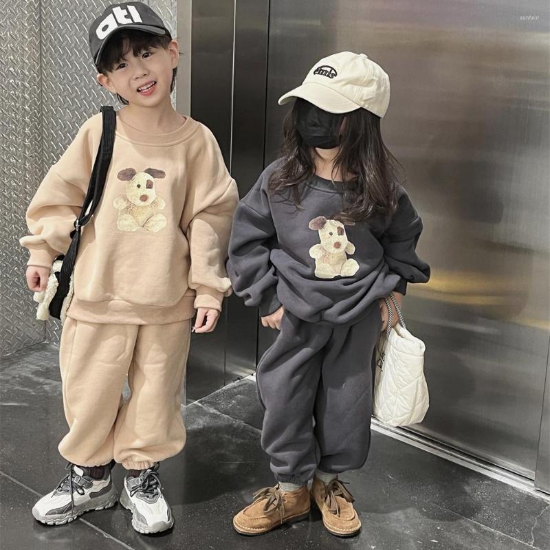 

Jackets 3910J Children's Clothing Set Cartoon Puppy Sweater Suit 2022 Autumn And Winter Plus Warm Boy's Sports Girl Two Piece, Apricot 2pc