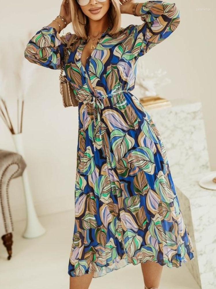 

Casual Dresses Elegant Pattern Print Boho Chiffon Dress Sexy V Neck Button Lace-up Waist Beach Party Long Sleeve Shirt 2022, 01 blue