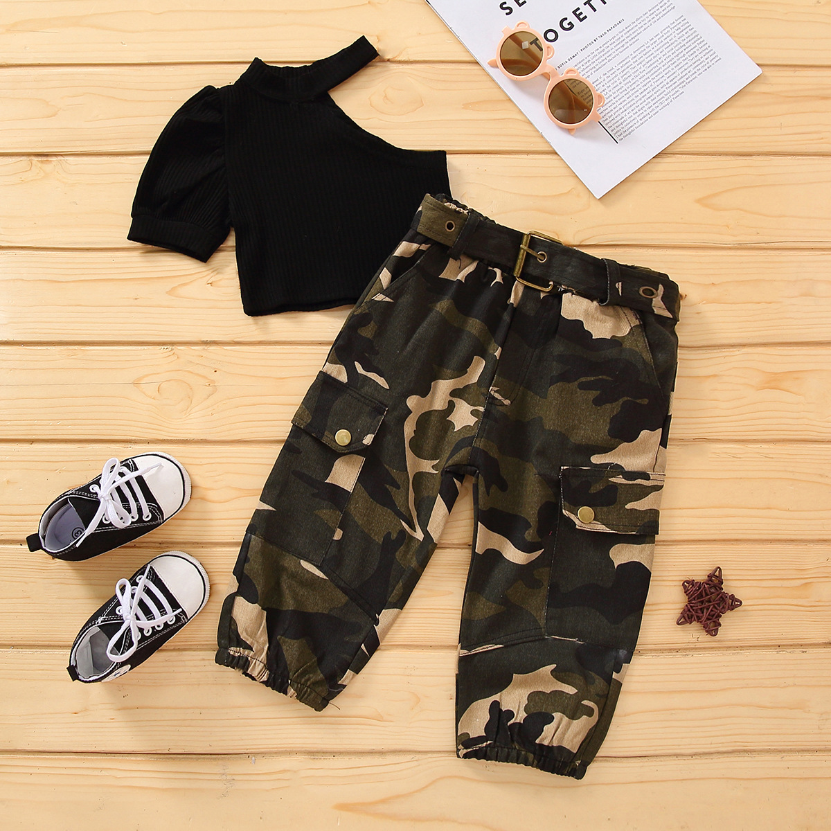 

baby girls summer clothes set children camouflage printed 2pcs outfit kids black t shirt loose pants trousers, As picture