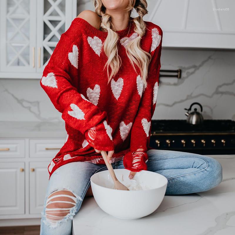 

Women' Sweaters 2022 Autumn Winter Red Sweater Women Long Sleeve Chic Soft Heart Printed Knitted O Neck Sheer Fashion Loose Sweety, Blue