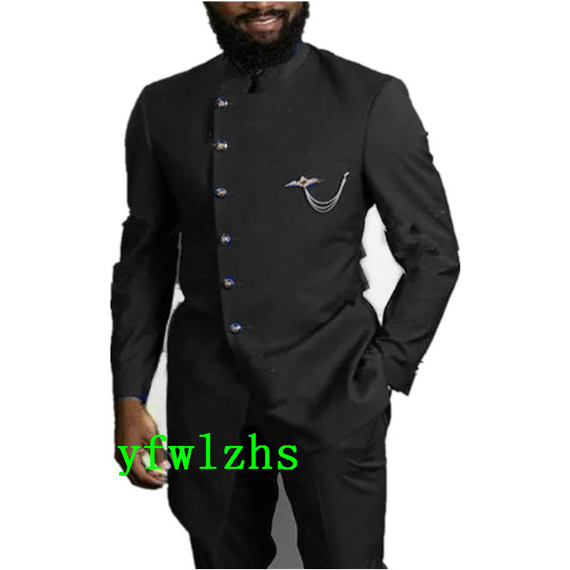 

Handsome Single Breasting Groomsmen Mandarin Lapel Groom Tuxedos Man's Suits Wedding/Prom/Dinner Man Blazer Jacket Pants Tie K796, Same as image