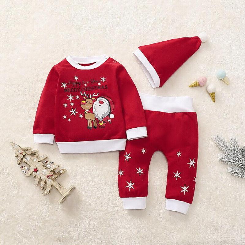 

Clothing Sets My First Christmas Clothes Baby Boy Girl Outfits Cartoon Deer Romper Striped Footed Pants Hat Happy Year Costume, Red