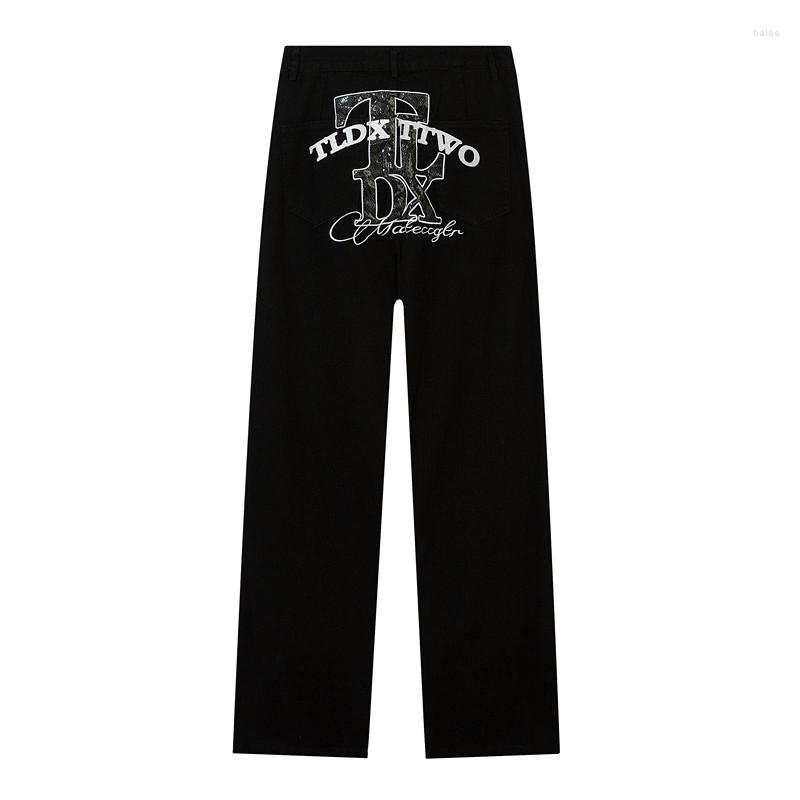 

Men's Jeans 2022 Cool Design Letter Embroidery Streetwear Men Hip Hop Pants Y2K Clothes Straight Baggy Denim Trousers Pantalon Homme, Black