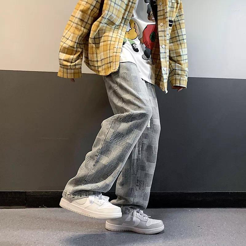 

Men's Jeans Geometric Patchwork Streetwear Baggy Denim Pants Male Straight Loose Cowboy Trousers Fashion Mopping, Black