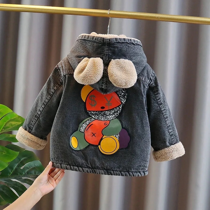 

Jackets Thick Warm Teen Boys Kids Girls Denim Coat Velvet Fur hooded Outerwear Top Autumn Winter Children Overcoat 2 7Y 221010, Blue