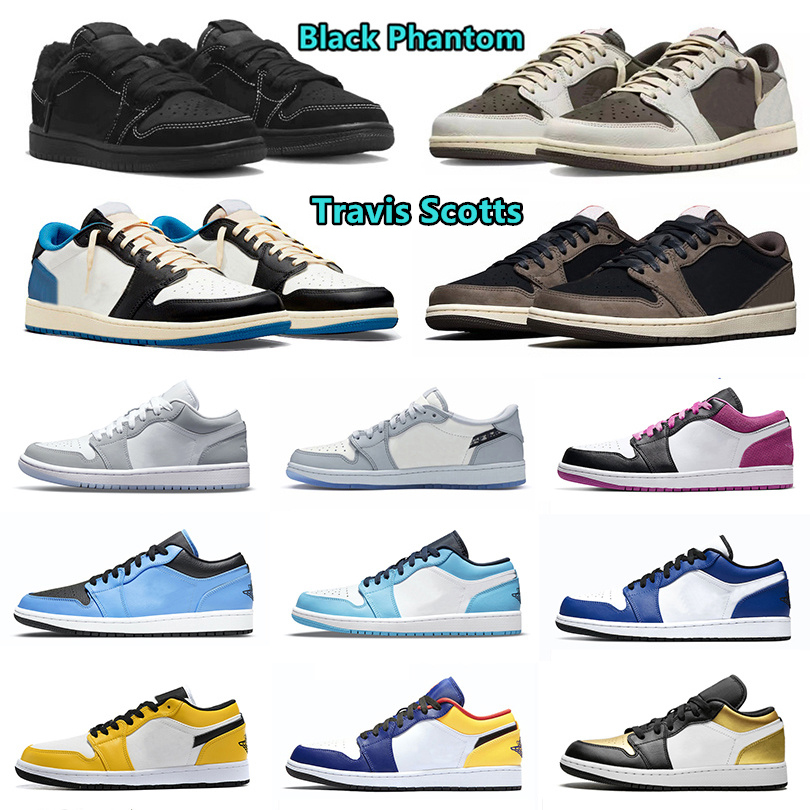 

Black Phantom Jumpman 1 low retro Basketball Shoes Travis Scotts Dark Mocha Reverse Mocha Fragment Wolf Grey Chicago University Blue UNC Sport Sneaker for Men Women, Box