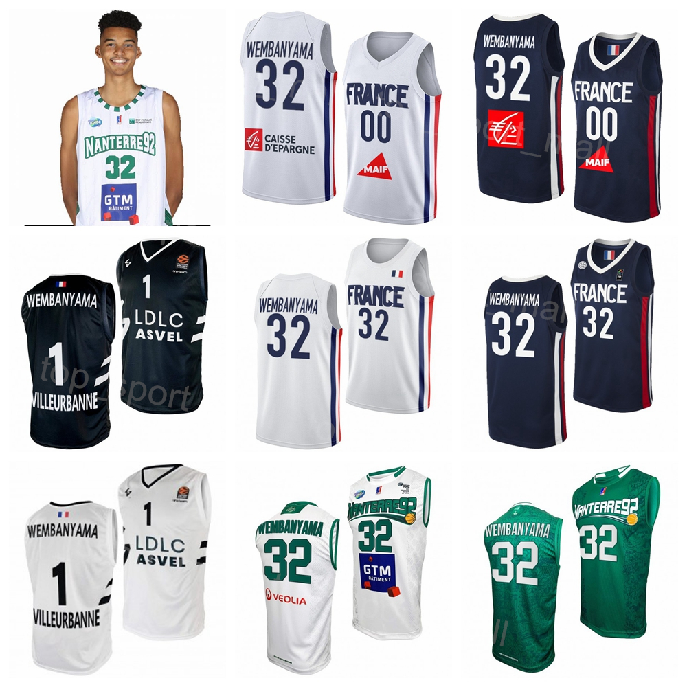 

Printed Basketball Nanterre 92 Team Maillot 32 Victor Wembanyama Jersey LDLC ASVEL National France U19 Color Navy Blue White Green Black For