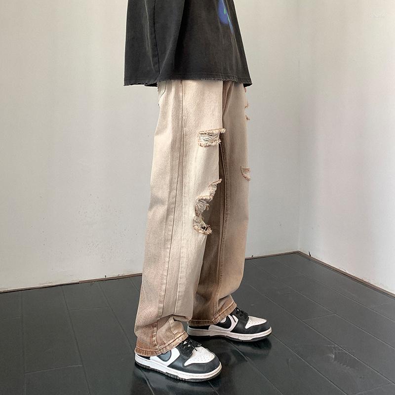 

Men's Jeans Summer Brown Ripped Men Fashion Casual Hole Baggy Streetwear Loose Hip Hop Straight Denim Pants Mens Trousers, Light brown